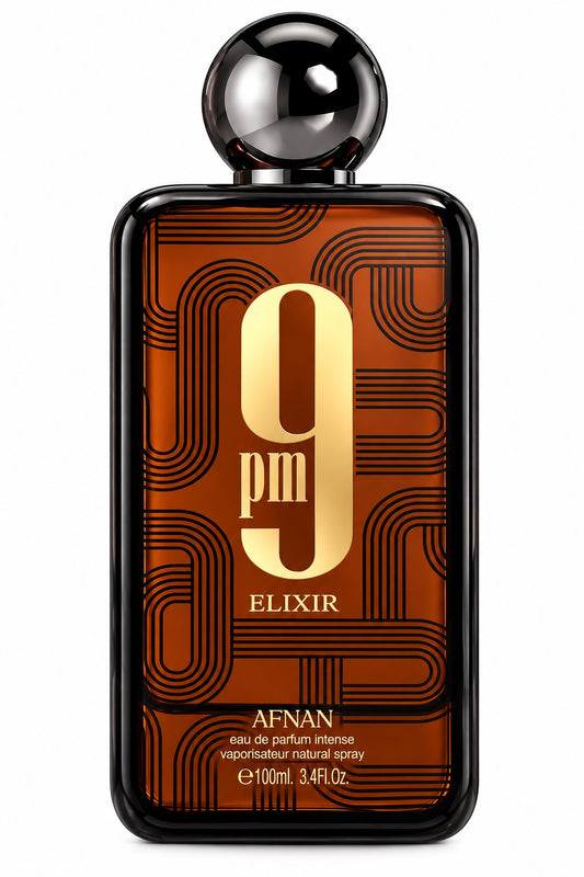 Noor Fragrances Afnan 9pm Elixir Eau de Parfum Intense in a rectangular amber glass bottle with gold geometric art-deco