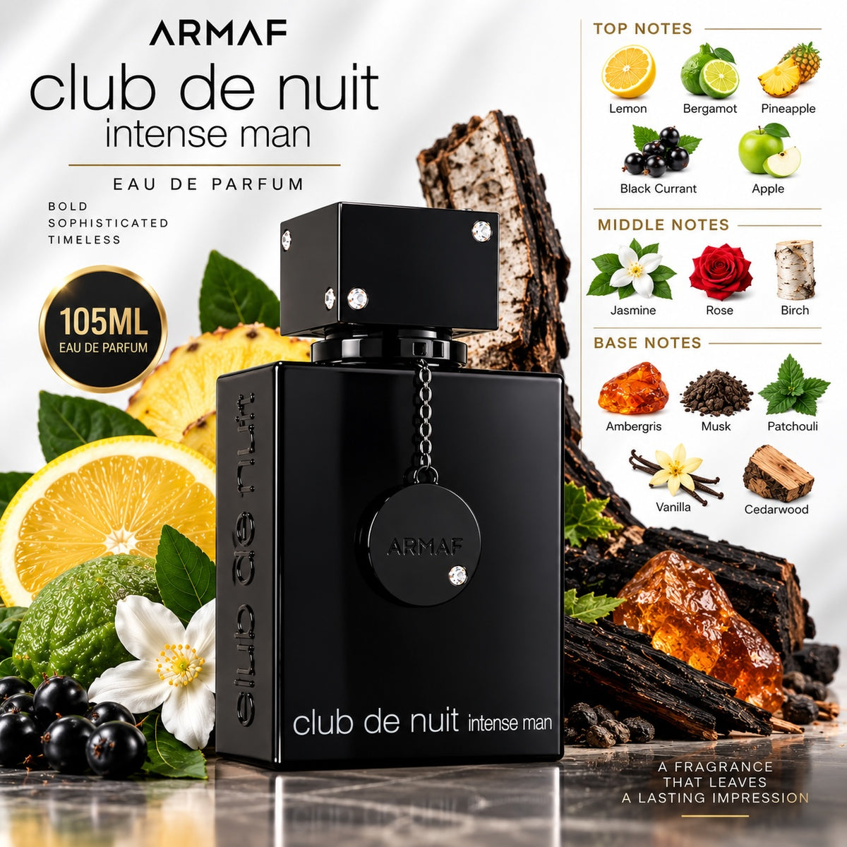 Noor Fragrances Armaf Club De Nuit Intense Man perfume bottle with citrus, floral, and woody ingredient illustrations.