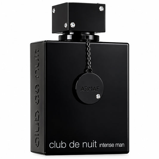 Noor Fragrances Armaf Club de Nuit Intense Man Eau de Parfum in a sleek black bottle with crystal accents.