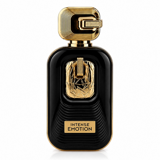 Noor Fragrances Intense Emotion Eau de Parfum in a sleek black bottle with gold accents and a textured cap.