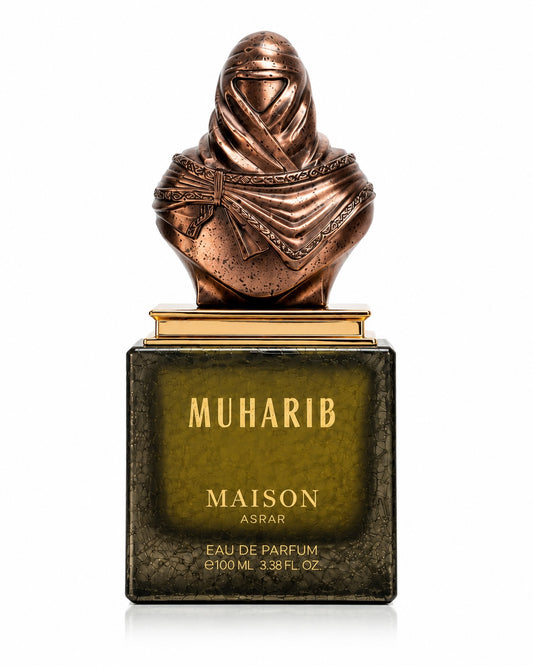 Noor Fragrances Maison Asrar Muharib eau de parfum in a square glass bottle with a detailed bronze warrior bust cap.