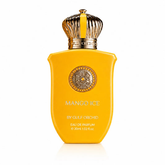 Noor Fragrances Mango Ice Eau De Parfum in a vibrant yellow bottle with a luxurious gold crown cap.