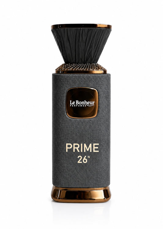 Noor Fragrances Le Bonheur Prime 26 Eau de Parfum in a textured charcoal-grey bottle with copper-toned accents.
