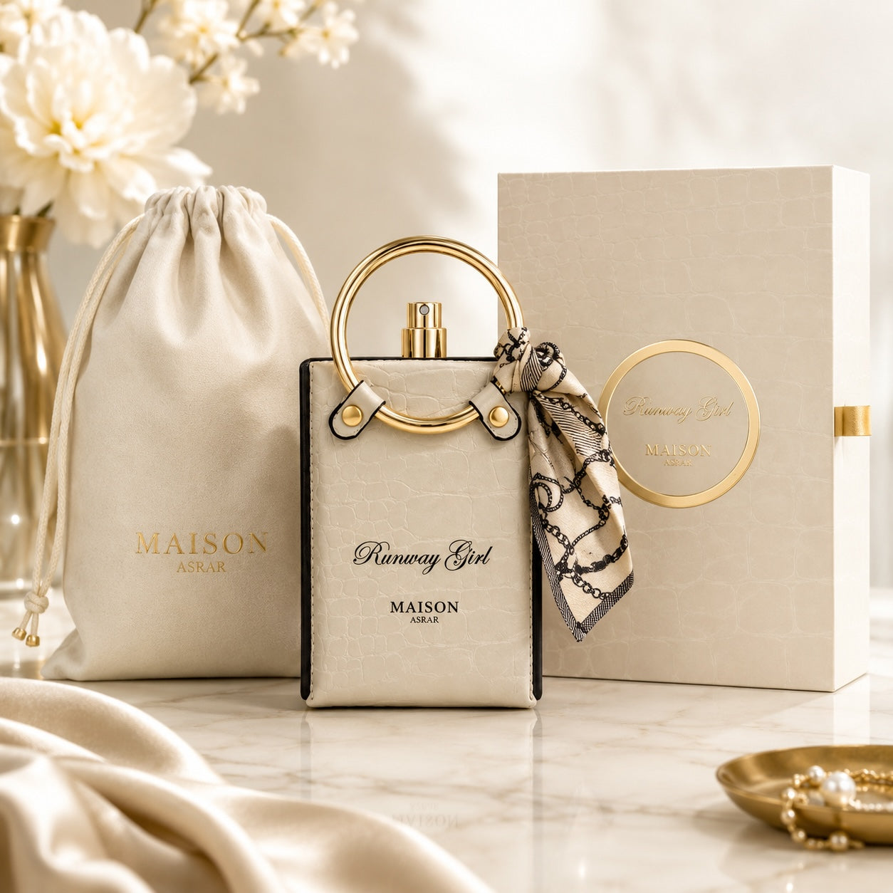 Noor Fragrances Runway Girl perfume bottle with gold ring handle, printed scarf, and matching gift box on marble surface.