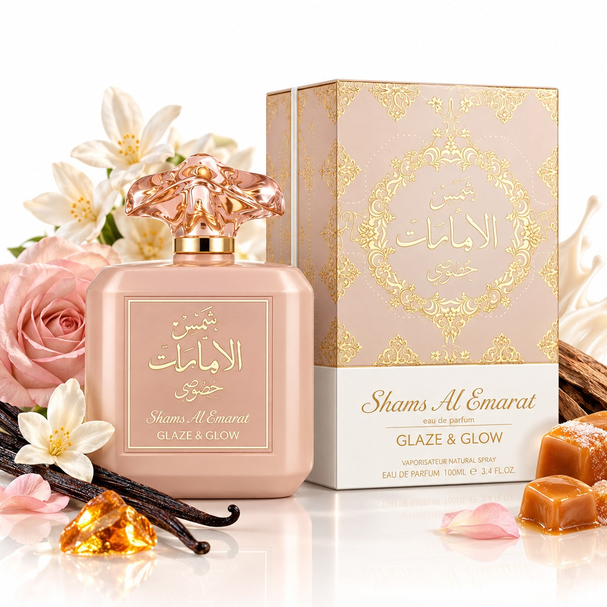 Noor Fragrances Shams Al Emarat Glaze & Glow perfume bottle and box with floral, vanilla, and caramel accents.