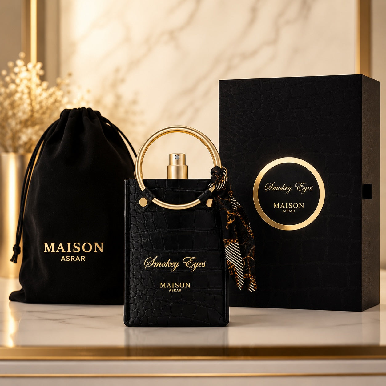 Noor Fragrances Smokey Eyes perfume in a black crocodile-embossed bottle with a gold handle and silk scarf accessory.