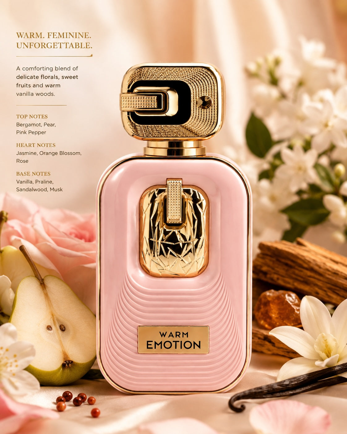Noor Fragrances Warm Emotion perfume in a blush-pink bottle with gold accents, surrounded by pear, jasmine, and wood.