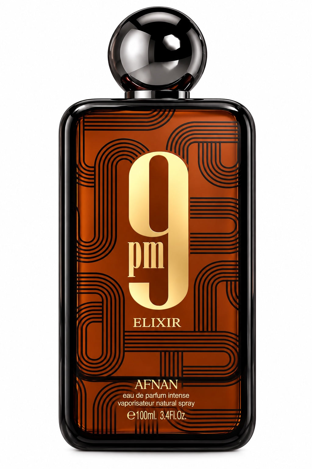 Noor Fragrances Afnan 9pm Elixir Eau de Parfum Intense in a rectangular amber glass bottle with gold geometric art-deco