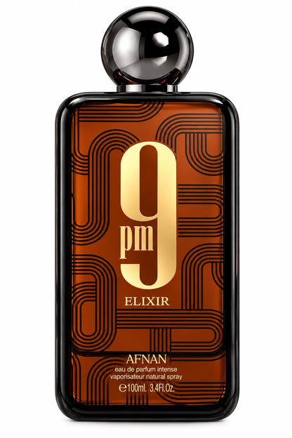 Noor Fragrances Afnan 9pm Elixir Eau de Parfum Intense in a rectangular amber glass bottle with gold geometric art-deco
