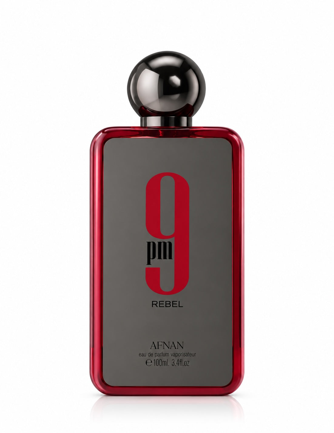 Noor Fragrances Afnan 9pm Rebel eau de parfum bottle in red and charcoal glass with a spherical cap