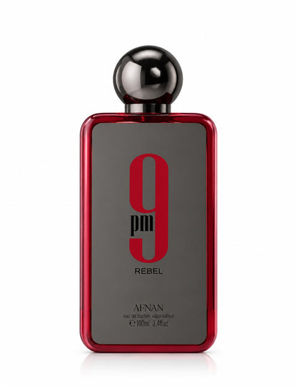 Noor Fragrances Afnan 9pm Rebel eau de parfum bottle in red and charcoal glass with a spherical cap