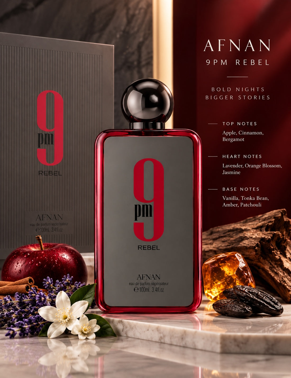 Noor Fragrances Afnan 9pm Rebel eau de parfum bottle with red and charcoal accents, surrounded by apple and spices.