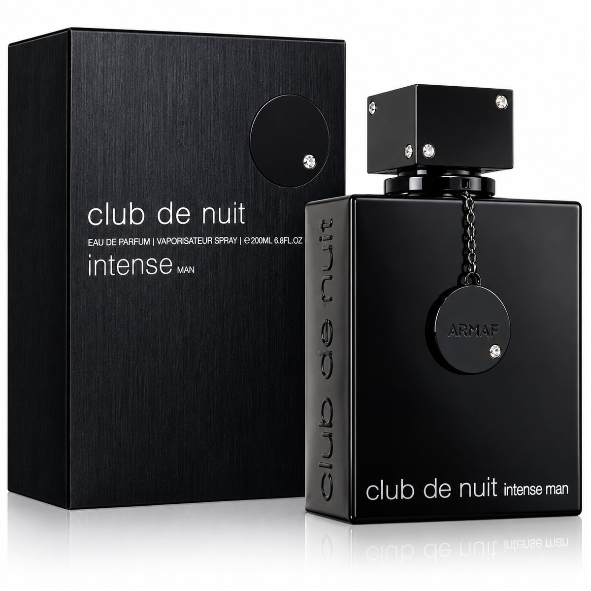 Noor Fragrances Armaf Club De Nuit Intense Man Eau De Parfum in a sleek black bottle with crystal accents and box.