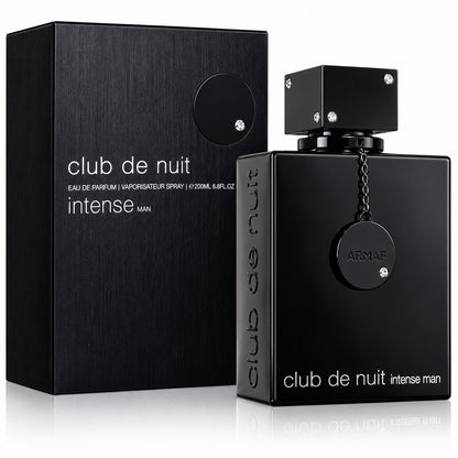 Noor Fragrances Armaf Club De Nuit Intense Man Eau De Parfum in a sleek black bottle with crystal accents and box.