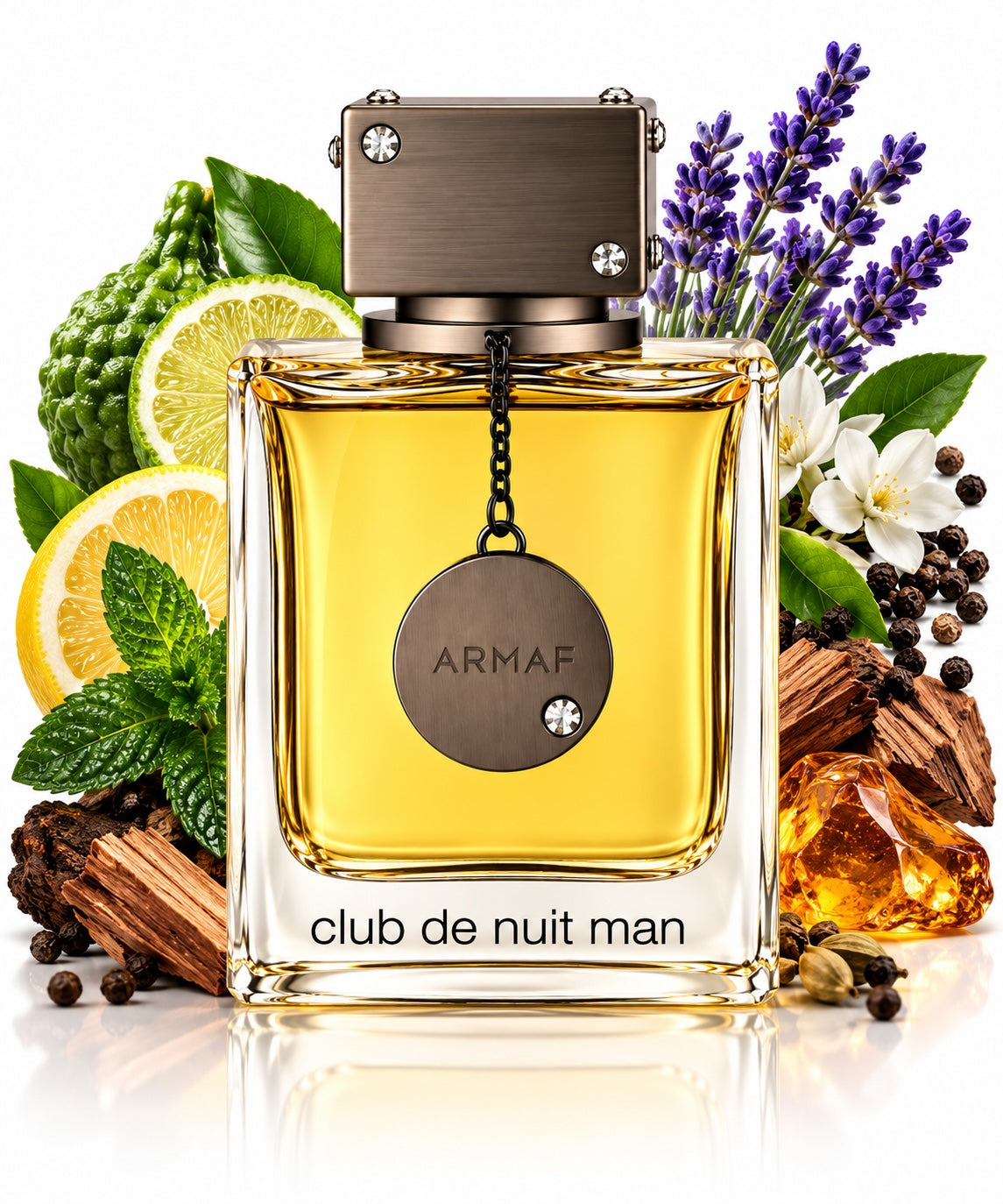 Noor Fragrances Armaf Club De Nuit Man Eau De Parfum bottle surrounded by bergamot, lemon, lavender, and wood notes.
