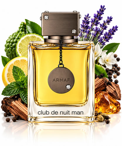 Noor Fragrances Armaf Club De Nuit Man Eau De Parfum bottle surrounded by bergamot, lemon, lavender, and wood notes.