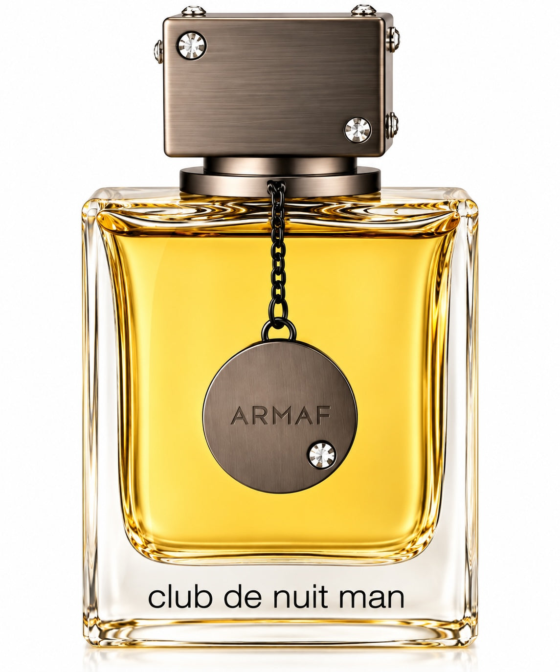 Noor Fragrances Armaf Club De Nuit Man Eau De Parfum in a heavy glass bottle with a metallic charm and cap.
