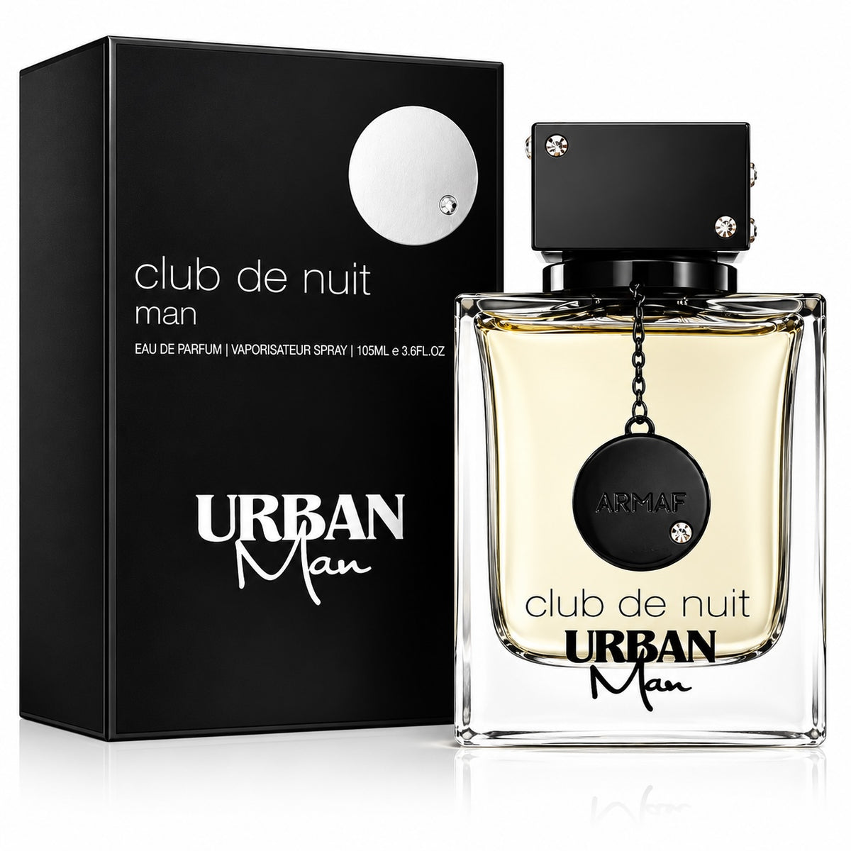 Noor Fragrances Armaf Club De Nuit Urban Man Eau De Parfum bottle and black gift box on a white background