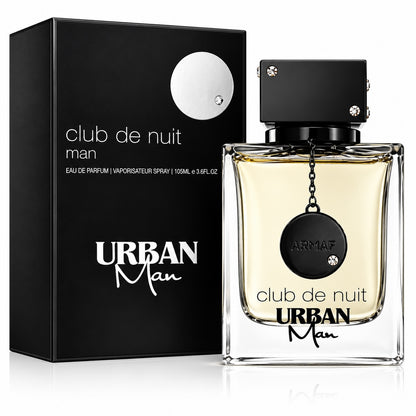 Noor Fragrances Armaf Club De Nuit Urban Man Eau De Parfum bottle and black gift box on a white background