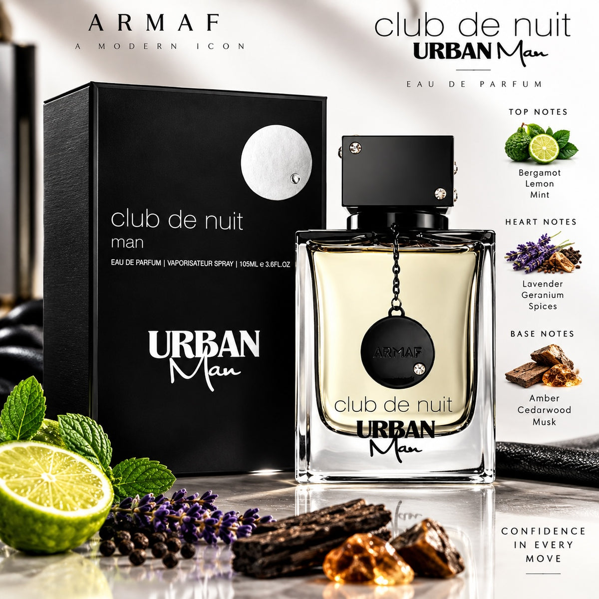 Noor Fragrances Armaf Club De Nuit Urban Man perfume bottle with citrus, lavender, and wood notes displayed