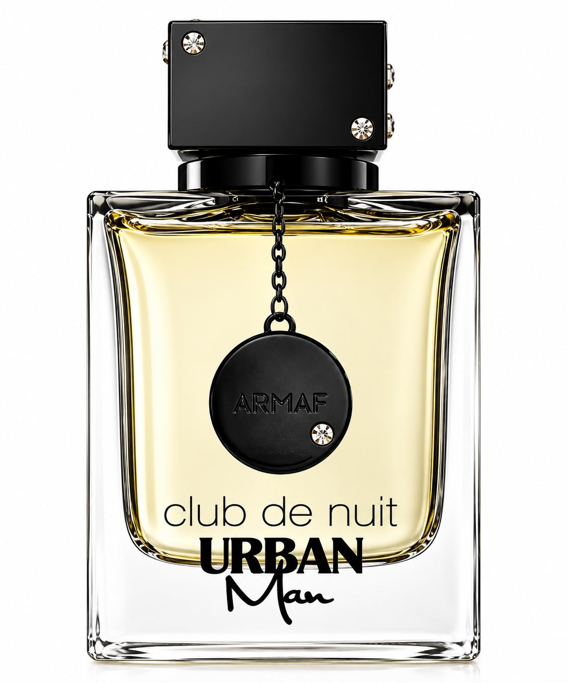Noor Fragrances Armaf Club De Nuit Urban Man Eau De Parfum in a sleek glass bottle with a black cap and charm.