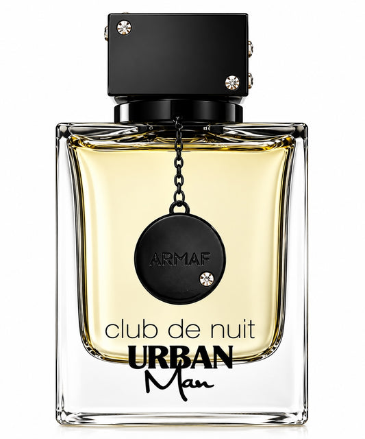 Noor Fragrances Armaf Club De Nuit Urban Man Eau De Parfum in a sleek glass bottle with a black cap and charm.