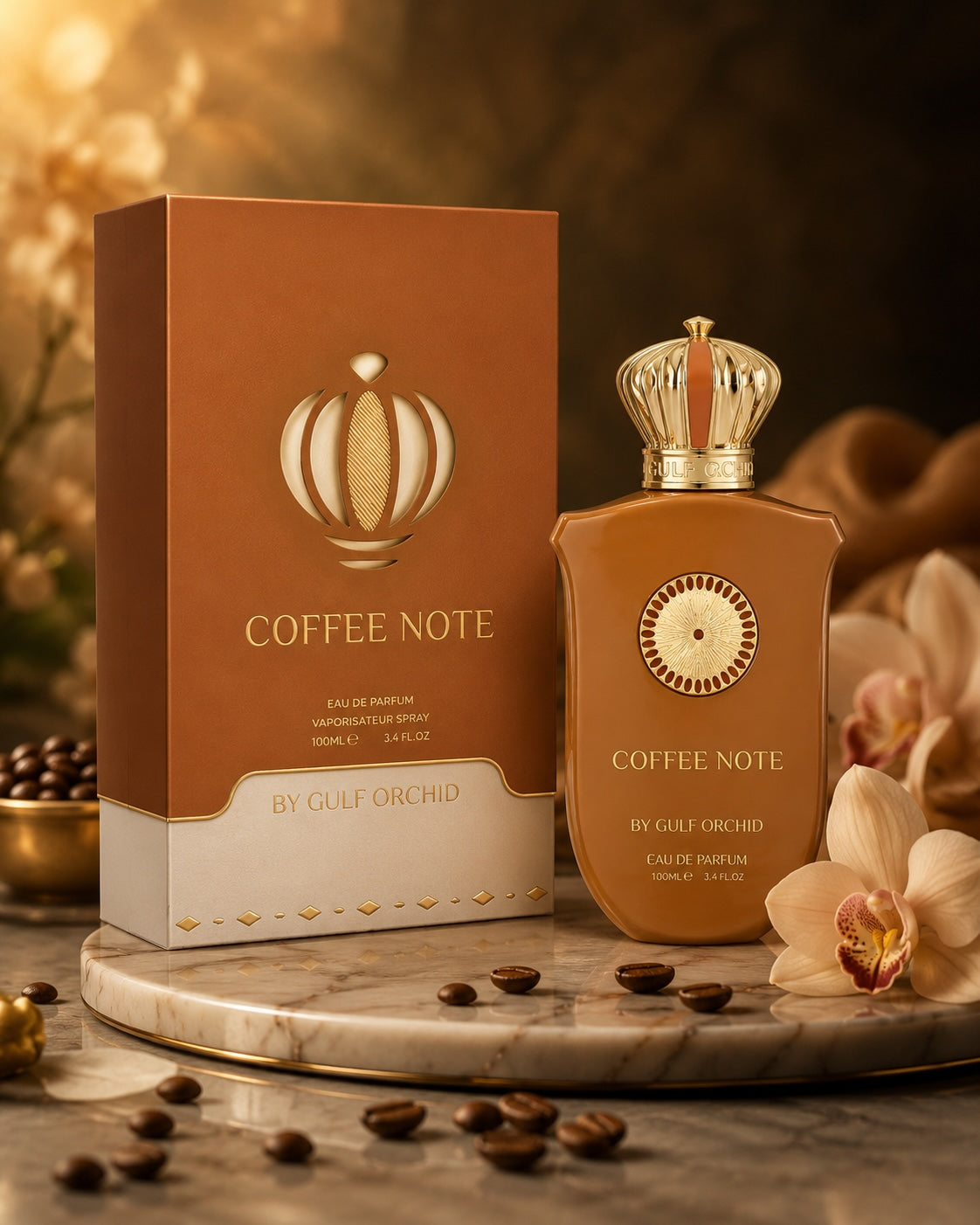 Noor Fragrances Coffee Note Eau De Parfum bottle and box with gold crown cap, coffee beans, and orchids on marble.