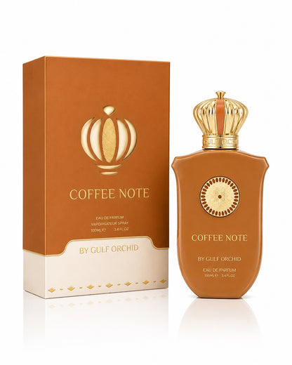 Noor Fragrances Coffee Note Eau De Parfum bottle and box with a brown finish and ornate gold crown cap.