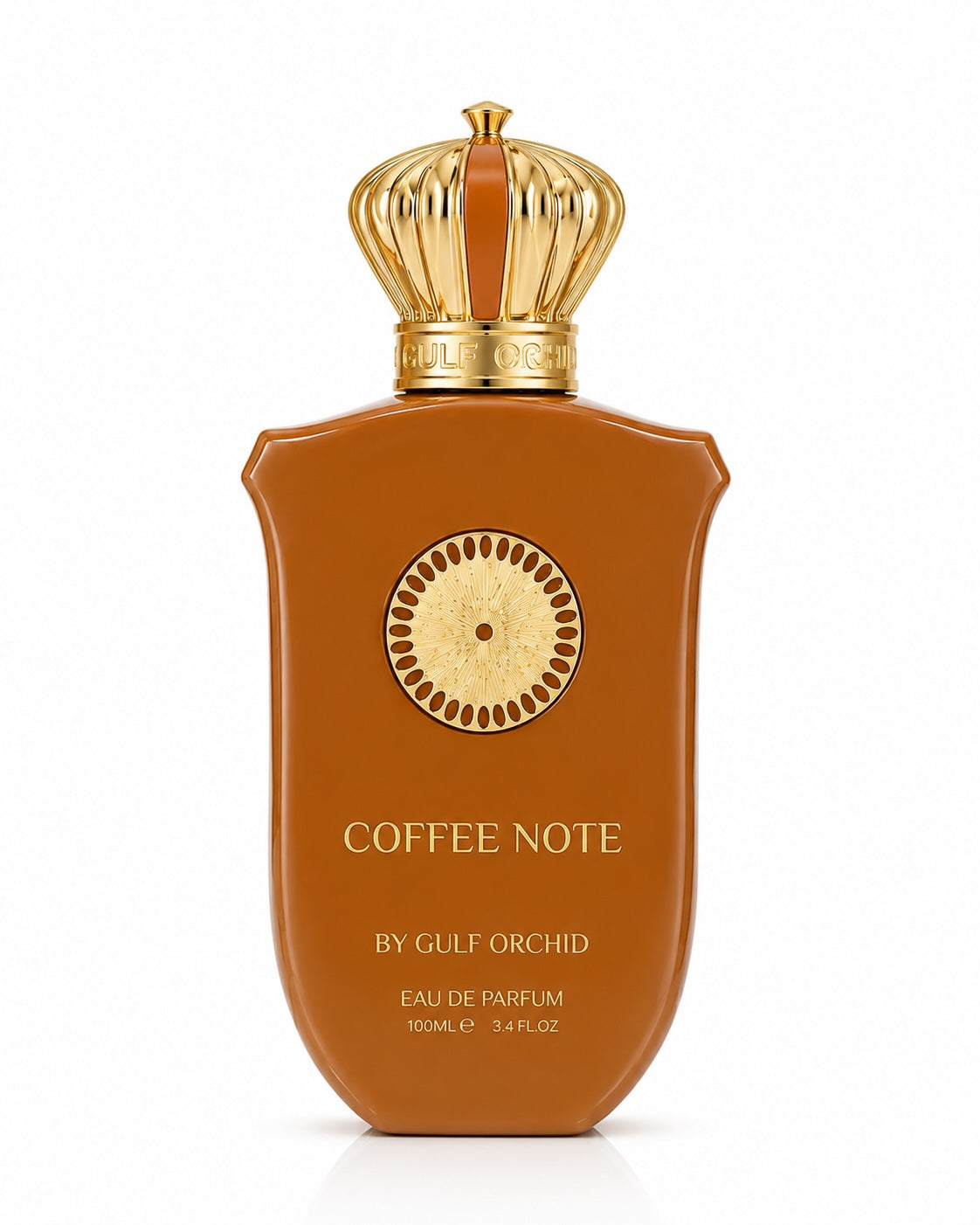 Noor Fragrances Coffee Note Eau de Parfum in a brown bottle with a gold crown cap and circular emblem.