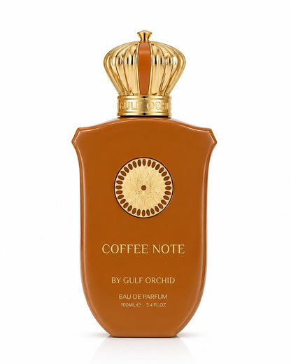 Noor Fragrances Coffee Note Eau de Parfum in a brown bottle with a gold crown cap and circular emblem.