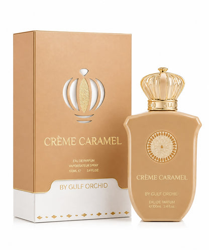 Noor Fragrances Crème Caramel Eau de Parfum in a beige bottle with a gold crown cap next to its matching gift box.