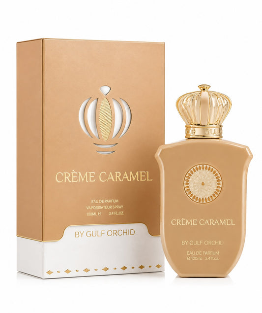 Noor Fragrances Crème Caramel Eau de Parfum in a beige bottle with a gold crown cap next to its matching gift box.