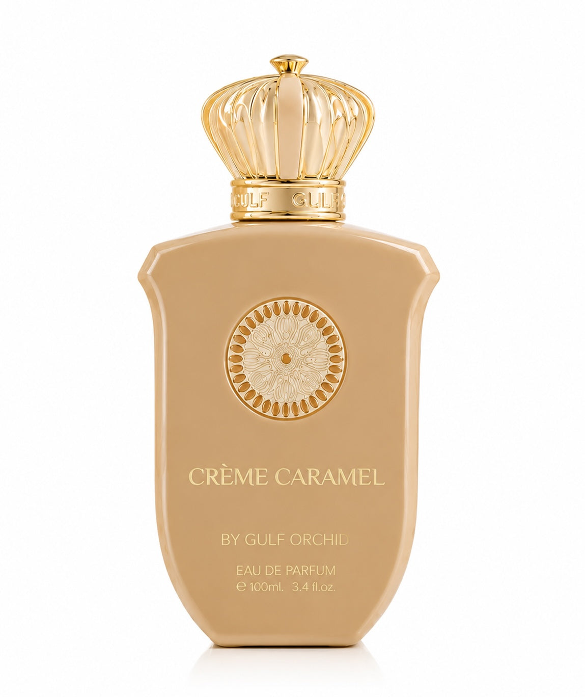 Noor Fragrances Crème Caramel Eau de Parfum in a beige bottle with a gold crown cap and intricate gold detailing.
