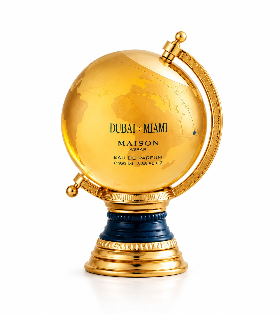 Noor Fragrances Maison Asrar Dubai: Miami Eau de Parfum in a decorative golden globe-shaped bottle on a white base.