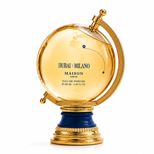 Noor Fragrances Maison Asrar Dubai Milano perfume in a unique globe-shaped bottle with gold accents and blue base.