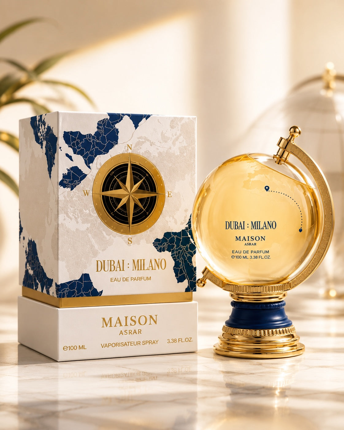 Noor Fragrances Maison Asrar Dubai Milano perfume bottle shaped like a globe with gold accents and matching box