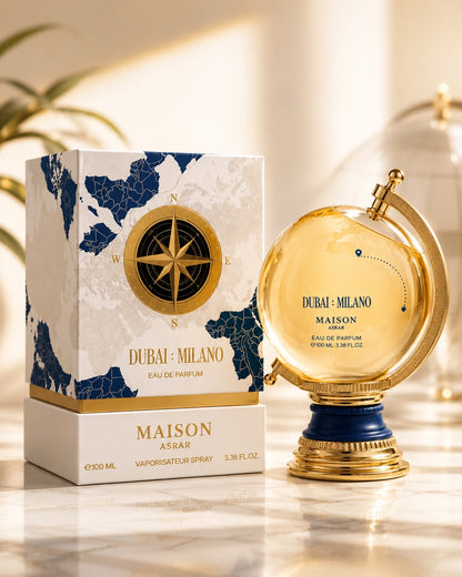 Noor Fragrances Maison Asrar Dubai Milano perfume bottle shaped like a globe with gold accents and matching box
