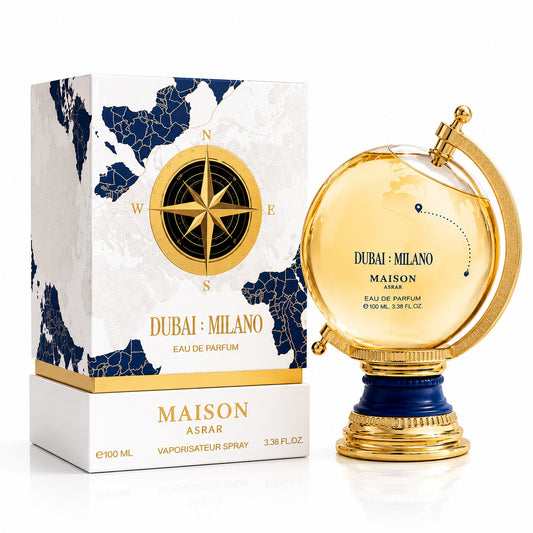 Noor Fragrances Maison Asrar Dubai Milano perfume in a globe-shaped bottle with gold accents and matching gift box.
