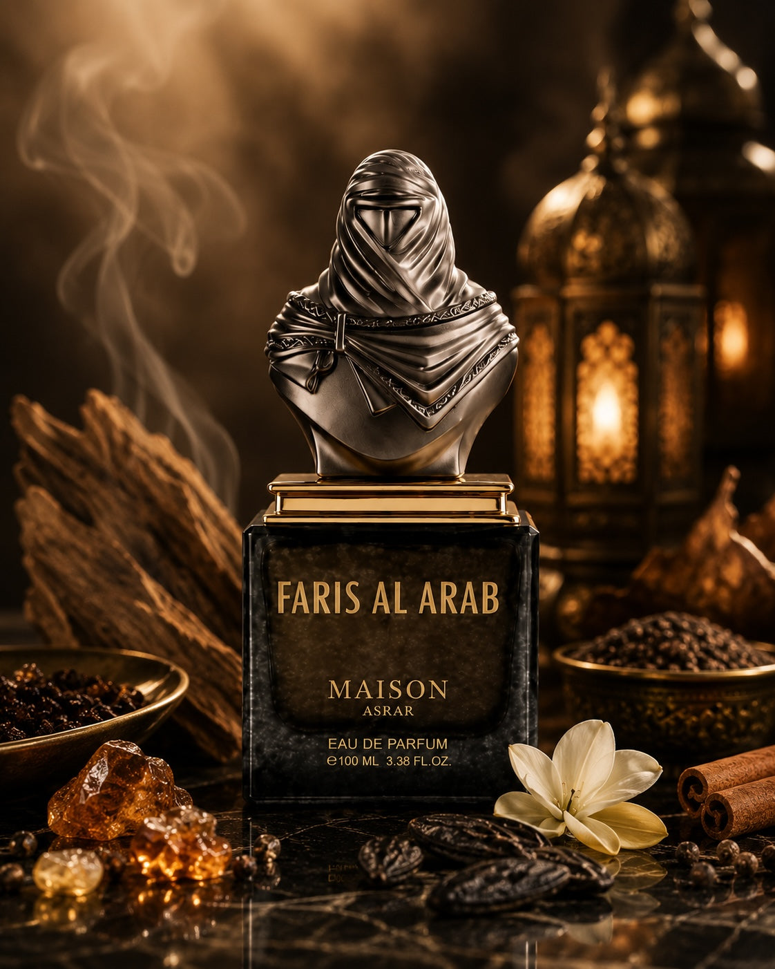 Noor Fragrances Maison Asrar Faris Al Arab perfume bottle with a metallic warrior bust topper on a dark surface.