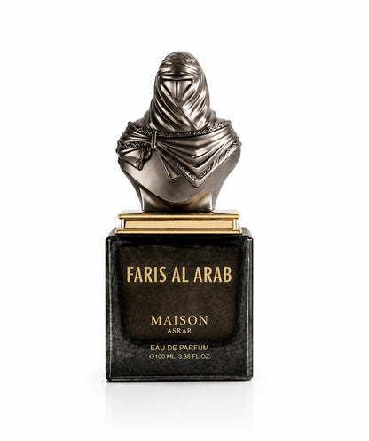 Noor Fragrances Maison Asrar Faris Al Arab perfume in a black glass bottle with a metallic Arabian warrior bust cap.