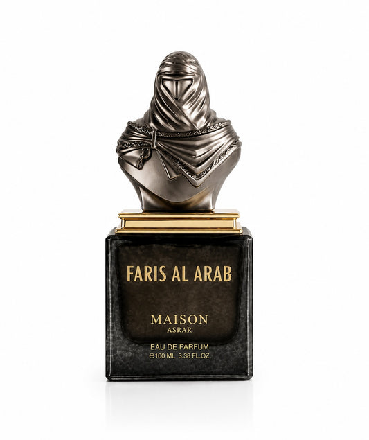 Noor Fragrances Maison Asrar Faris Al Arab perfume in a black glass bottle with a metallic Arabian warrior bust cap.