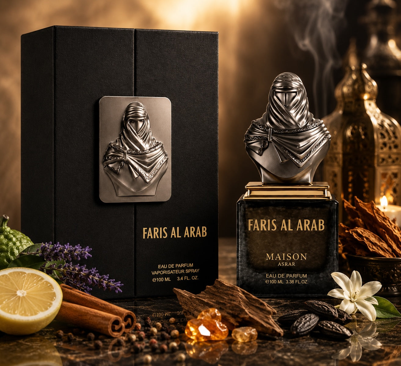 Noor Fragrances Maison Asrar Faris Al Arab perfume in a luxury bottle with a metallic warrior bust and black box.