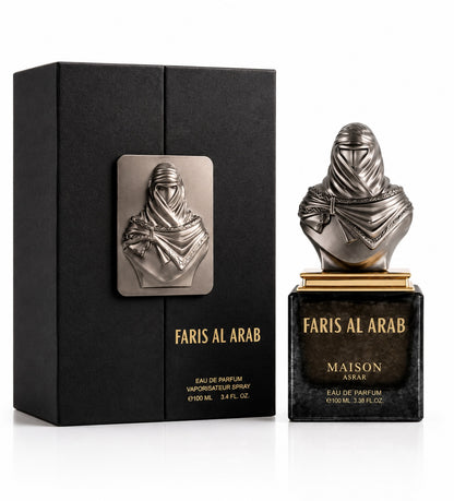 Noor Fragrances Maison Asrar Faris Al Arab perfume in a black glass bottle with a metallic Arabian warrior bust cap.