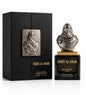 Noor Fragrances Maison Asrar Faris Al Arab perfume in a black glass bottle with a metallic Arabian warrior bust cap.