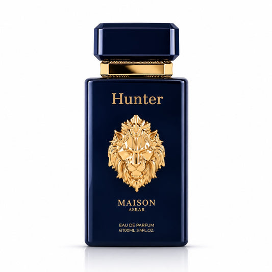 Noor Fragrances Hunter Maison Asrar Eau de Parfum in a deep navy bottle with a prominent gold lion emblem.