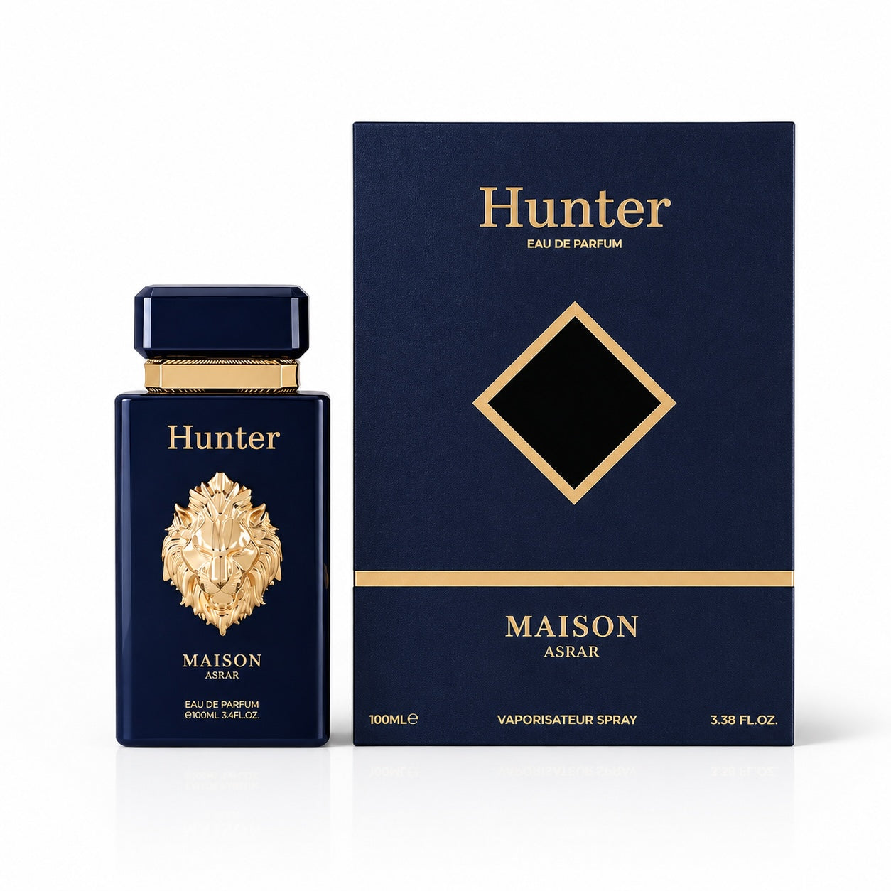Noor Fragrances Hunter Maison Asrar Eau de Parfum in a navy bottle with a gold lion emblem next to its presentation box.