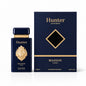 Noor Fragrances Hunter Maison Asrar Eau de Parfum in a navy bottle with a gold lion emblem next to its presentation box.