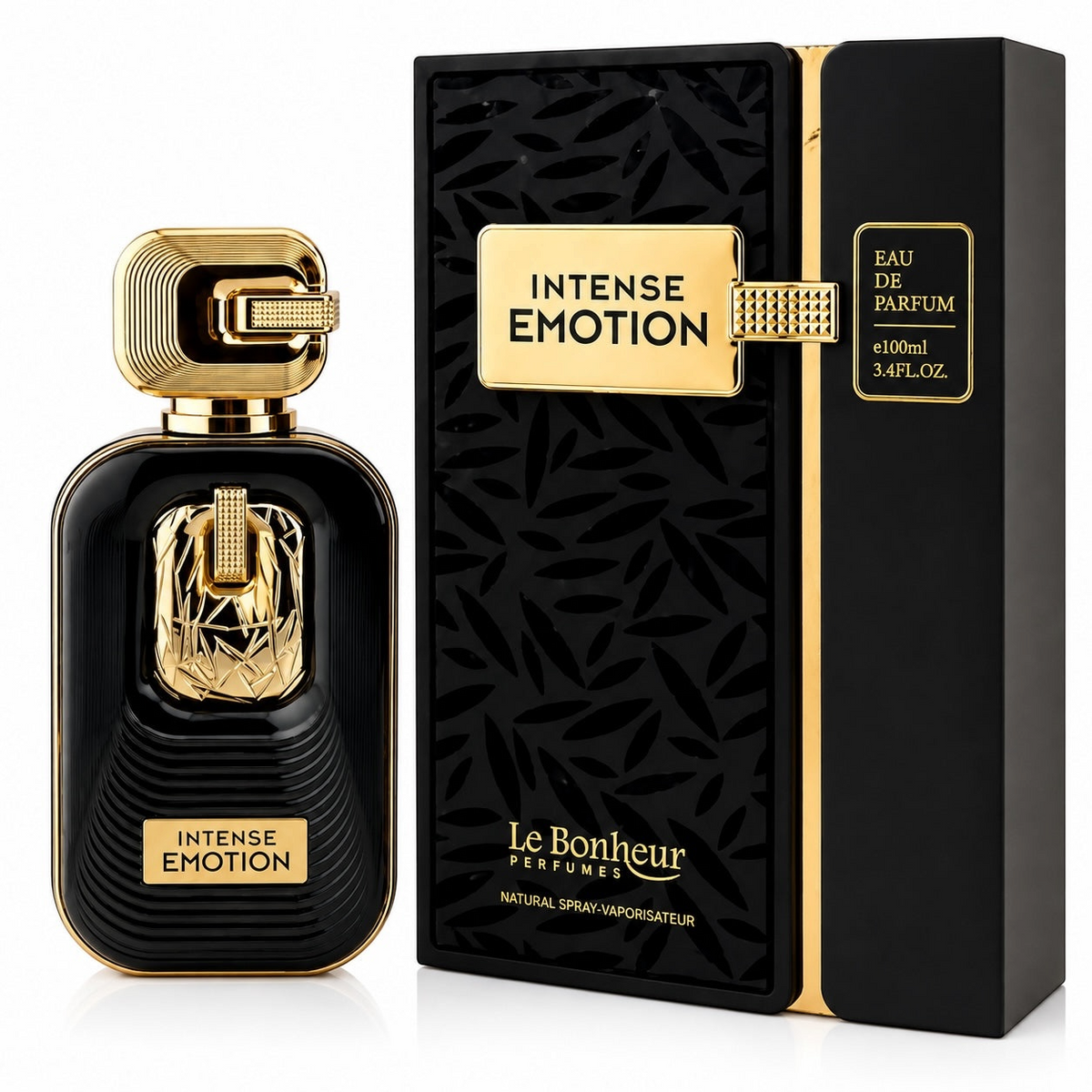 Noor Fragrances Le Bonheur Intense Emotion Eau de Parfum in a black bottle with gold accents next to its box.