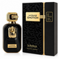 Noor Fragrances Le Bonheur Intense Emotion Eau de Parfum in a black bottle with gold accents next to its box.