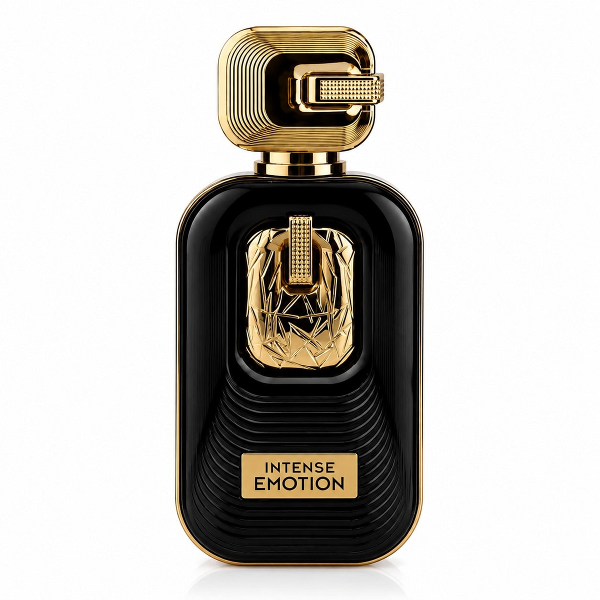 Noor Fragrances Intense Emotion Eau de Parfum in a sleek black bottle with gold accents and a textured cap.